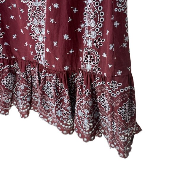 Anthropologie Feather & Bone Size S Embroidered Eyelet Ynez Dress Burgundy - Picture 11 of 11